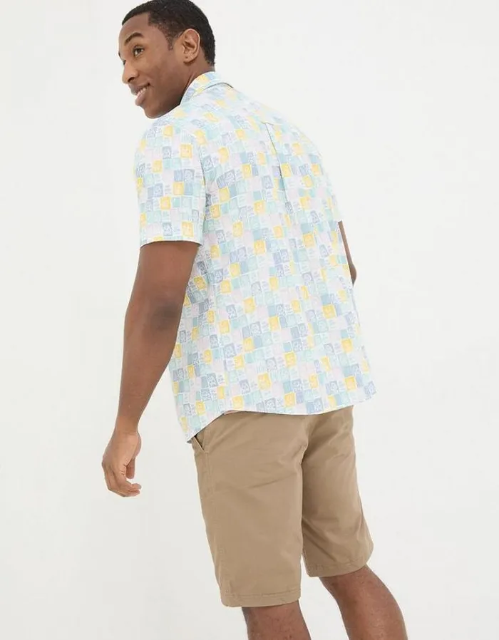 Men FatFace Shirts Short Sleeve Palm Tile Print Shirt Multi