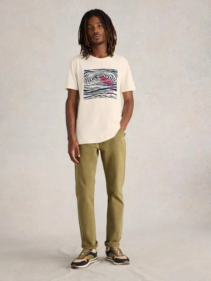 Men Fish Flock Graphic Tee White Print White Stuff TShirts