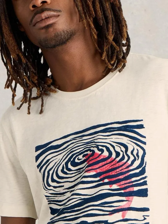 Men Fish Flock Graphic Tee White Print White Stuff TShirts