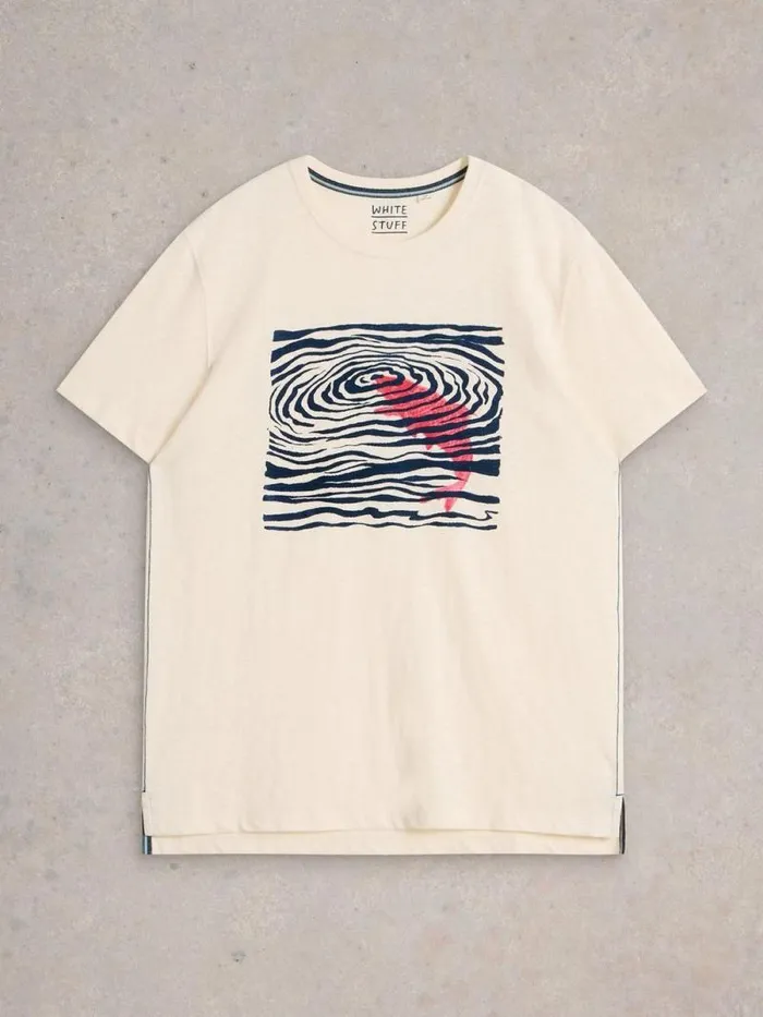 Men Fish Flock Graphic Tee White Print White Stuff TShirts