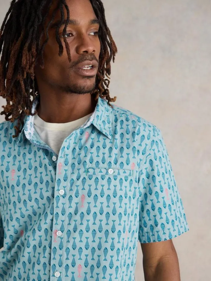 Men Geo Fish Printed SS Shirt Blue Print White Stuff Shirts