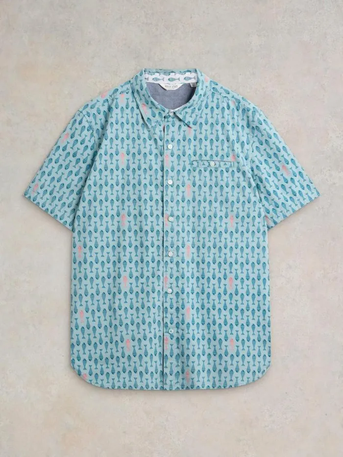 Men Geo Fish Printed SS Shirt Blue Print White Stuff Shirts Men Geo Fish Printed SS Shirt Blue Print White Stuff Shirts