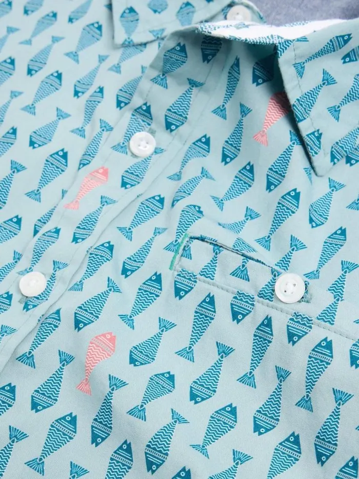 Men Geo Fish Printed SS Shirt Blue Print White Stuff Shirts Men Geo Fish Printed SS Shirt Blue Print White Stuff Shirts