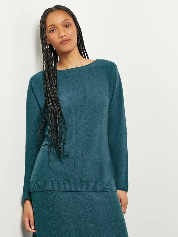 Misook Boat Neck Textural Stripe Cashmere Tunic Women Tops and Tees
