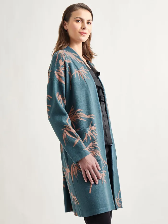 Misook Botanical Print Open Front Long Jacquard Knit Jacket Women Jackets and Coats