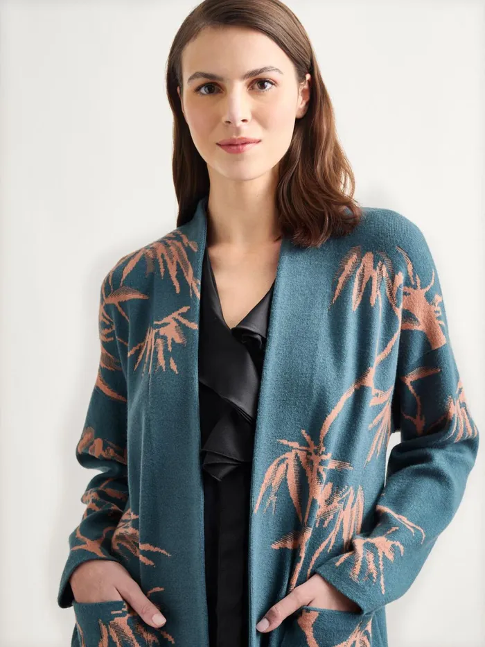 Misook Botanical Print Open Front Long Jacquard Knit Jacket Women Jackets and Coats