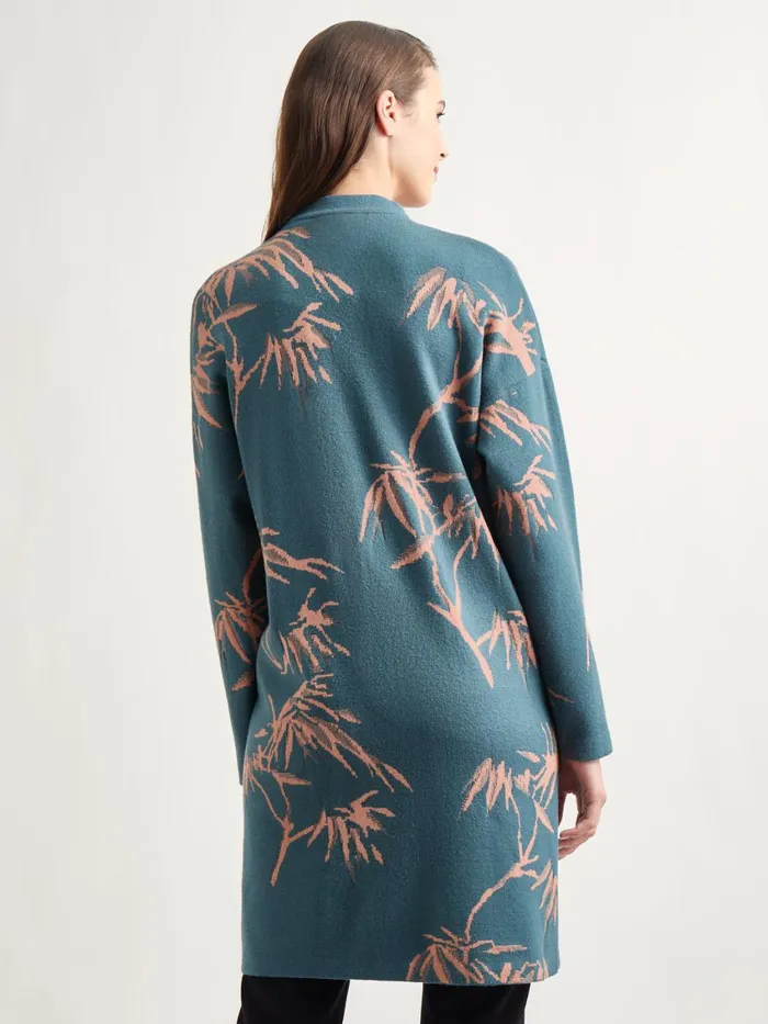 Misook Botanical Print Open Front Long Jacquard Knit Jacket Women Jackets and Coats