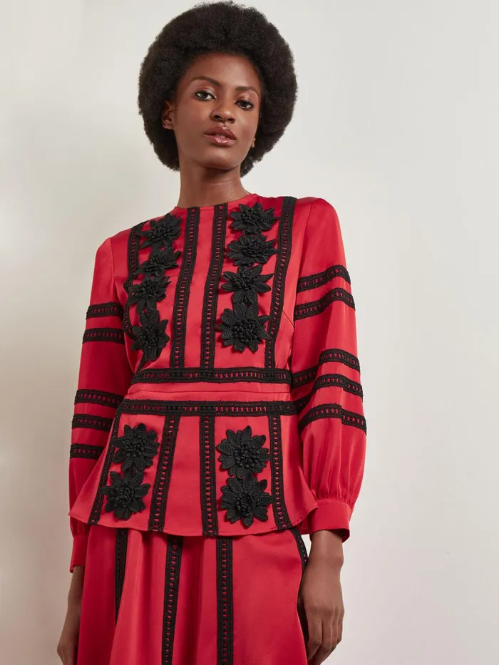 Misook Crepe De Chine Floral Lace Peplum Blouse Women Blouses and Shirts