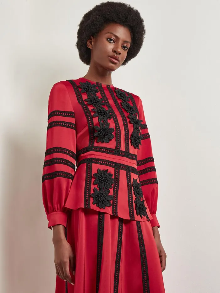 Misook Crepe De Chine Floral Lace Peplum Blouse Women Blouses and Shirts