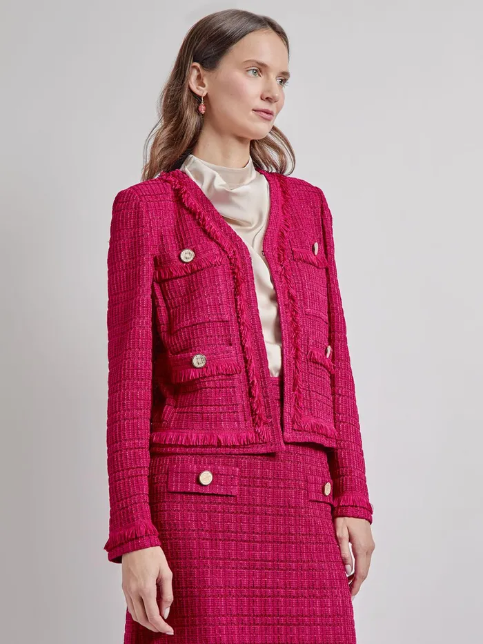 Misook Heritage Tonal Textured Fringe Knit Jacket Women Jackets and Coats Misook Heritage Tonal Textured Fringe Knit Jacket Women Jackets and Coats