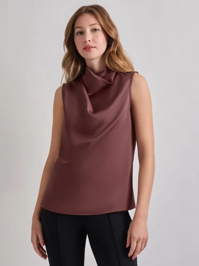 Misook High Neck Draped Crepe De Chine Blouse Women Tops and Tees