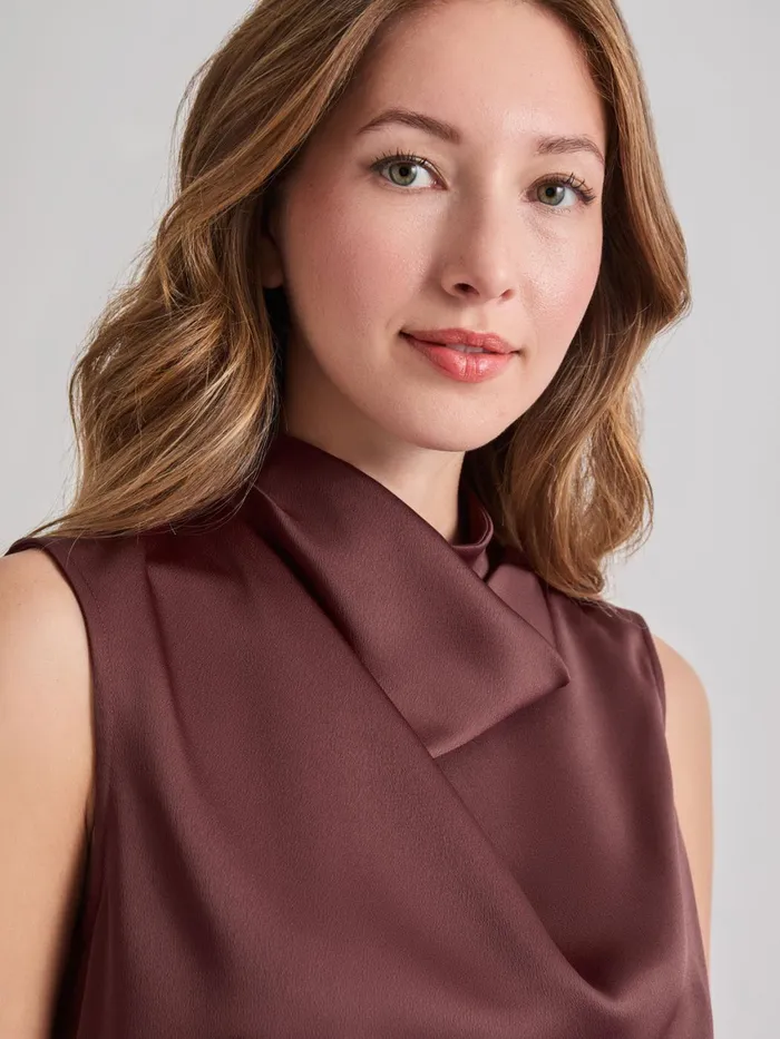 Misook High Neck Draped Crepe De Chine Blouse Women Tops and Tees