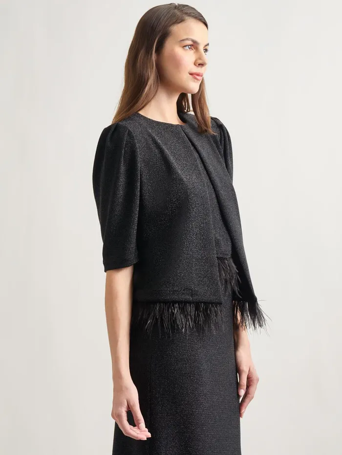 Misook Modern Fit Ostrich Feather Trim Stretch Woven Jacket Women Jackets and Coats Misook Modern Fit Ostrich Feather Trim Stretch Woven Jacket Women Jackets and Coats