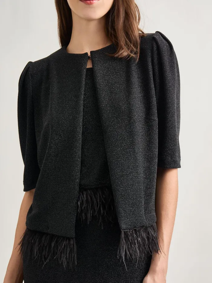 Misook Modern Fit Ostrich Feather Trim Stretch Woven Jacket Women Jackets and Coats Misook Modern Fit Ostrich Feather Trim Stretch Woven Jacket Women Jackets and Coats