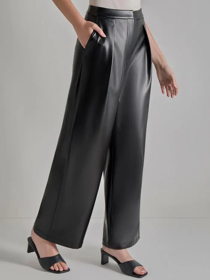 Misook Pleated Straight Leg Vegan Leather Pants Women Pants and Shorts