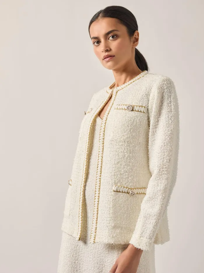 Misook Relaxed Fit Boucle Lurex Crochet Trim Knit Jacket Women Jackets and Coats