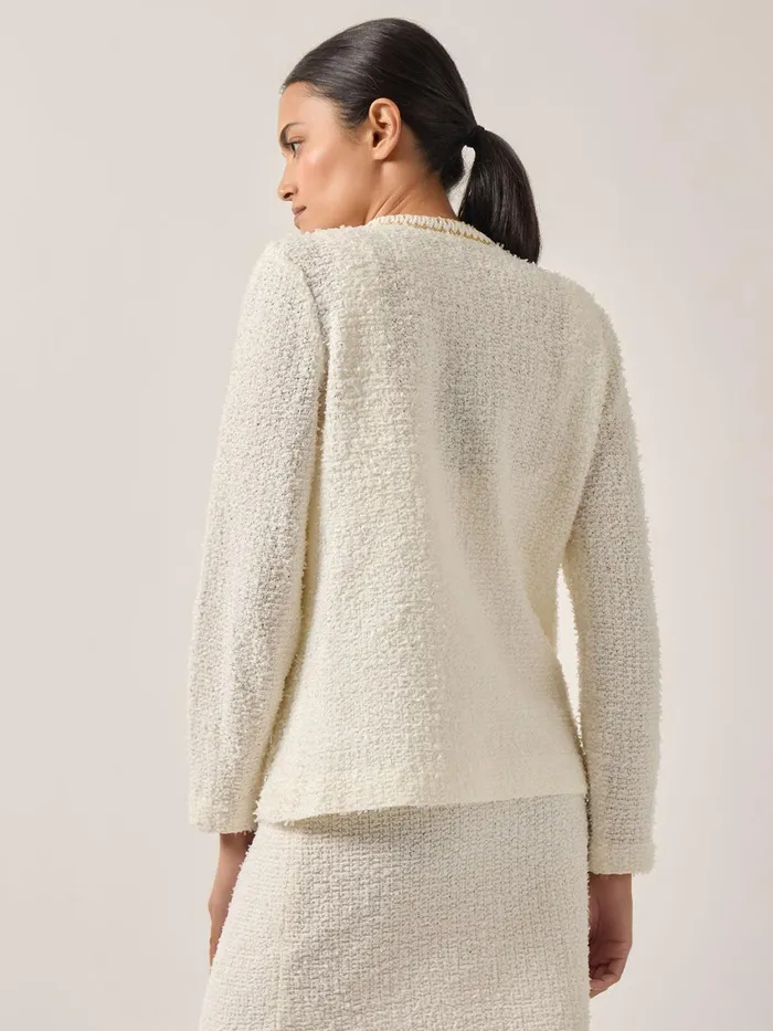 Misook Relaxed Fit Boucle Lurex Crochet Trim Knit Jacket Women Jackets and Coats