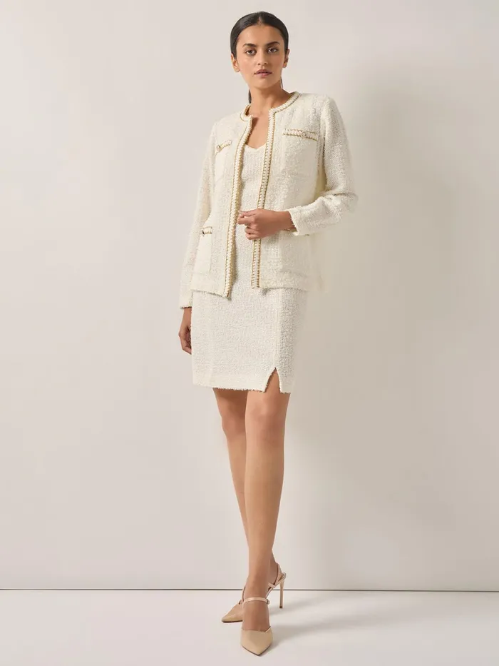 Misook Relaxed Fit Boucle Lurex Crochet Trim Knit Jacket Women Jackets and Coats