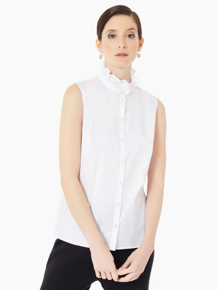 Misook Ruffle Neck Stretch Cotton Blouse Women Blouses and Shirts