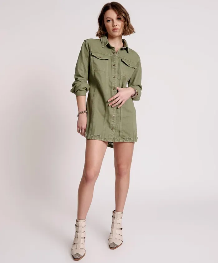 One Teaspoon Denim Dresses MILITARY KHAKI TRUCKER SHIRT DRESS 8211 Women