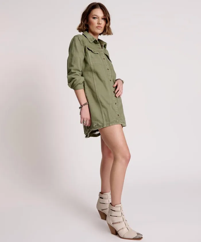 One Teaspoon Denim Dresses MILITARY KHAKI TRUCKER SHIRT DRESS 8211 Women