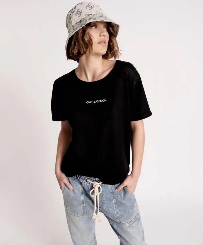 One Teaspoon Graphic Tees ONE TEASPOON LINEN WIDE NECK TEE BLACK 8211 Women One Teaspoon Graphic Tees ONE TEASPOON LINEN WIDE NECK TEE BLACK 8211 Women