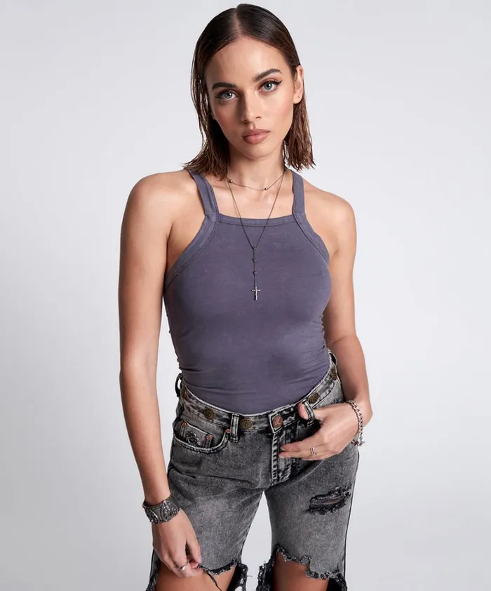 One Teaspoon Tees and Tanks BAMBOO LOGO LONGLINE RALLY TANK 8211 Women