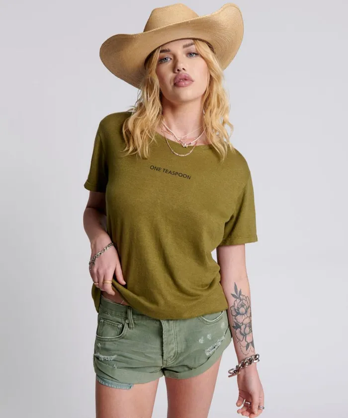 One Teaspoon Tees and Tanks ONE TEASPOON LINEN WIDE NECK TEE KHAKI 8211 Women