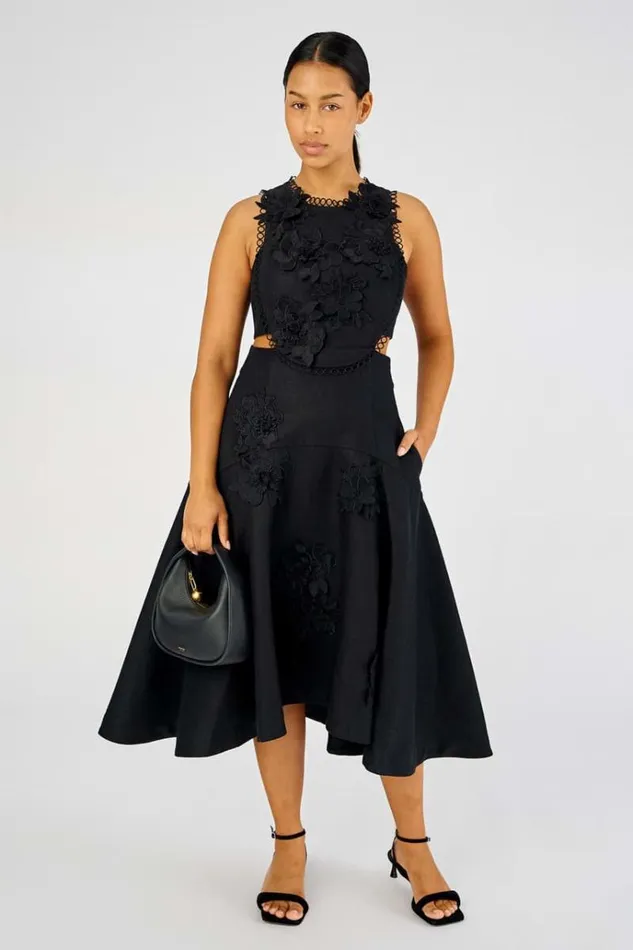Oroton Dresses Women Lace Flower Midi Dress Black