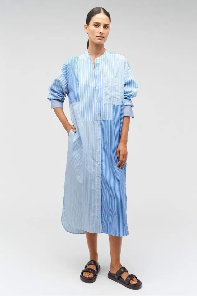 Oroton Dresses Women Mixed Stripe Shirt Dress Workwear Blue