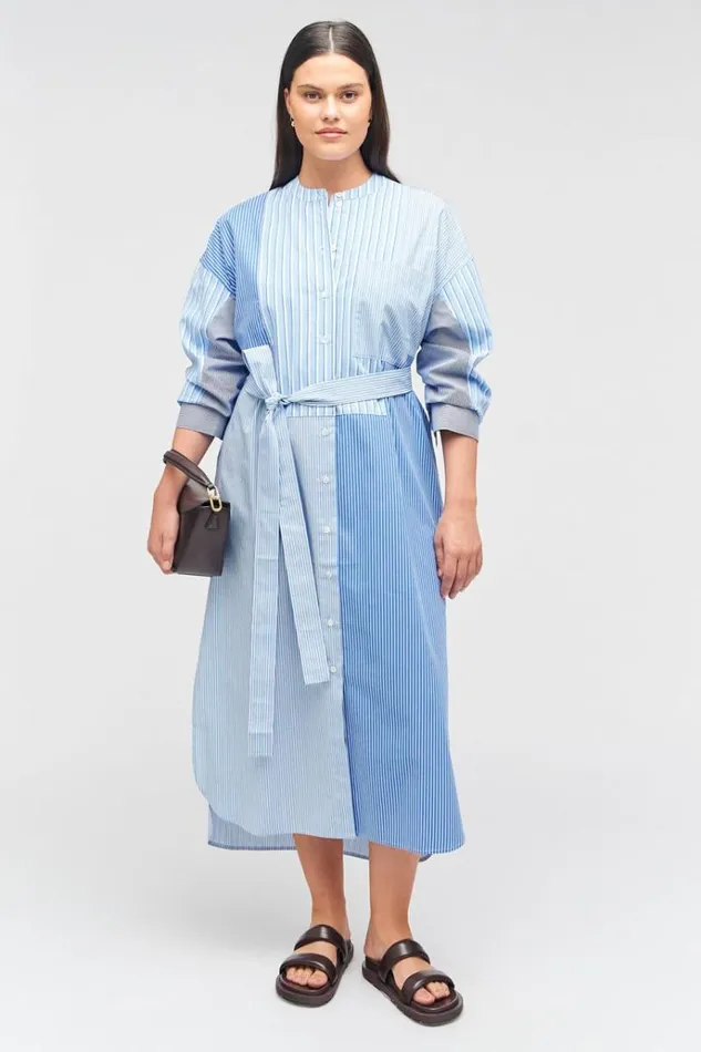 Oroton Dresses Women Mixed Stripe Shirt Dress Workwear Blue