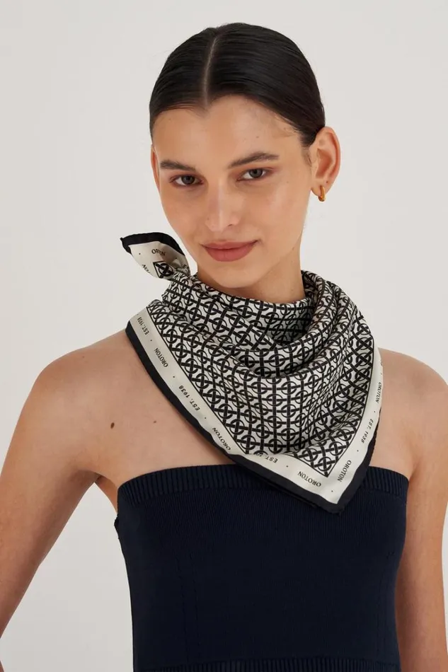 Oroton Scarves Accessories All Over Logo Silk Scarf Creamblack