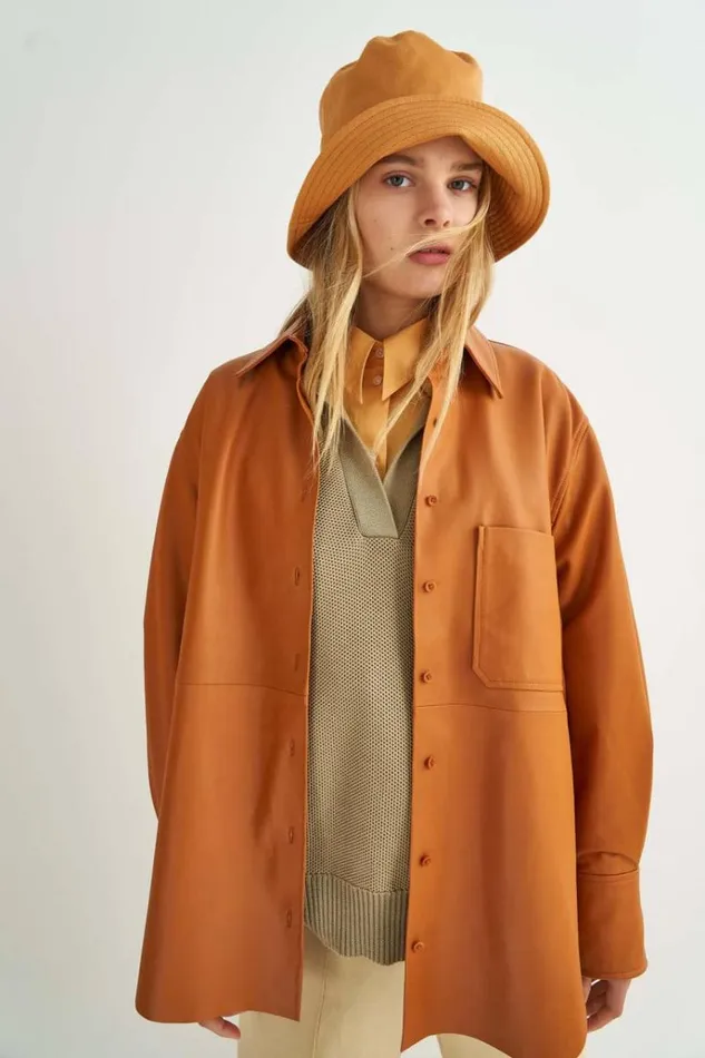 Oroton Tops Women Leather Overshirt Tan