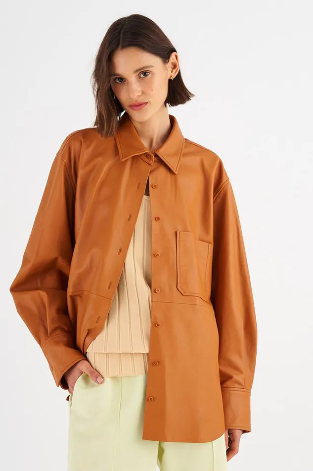 Oroton Tops Women Leather Overshirt Tan