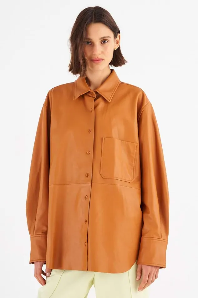 Oroton Tops Women Leather Overshirt Tan