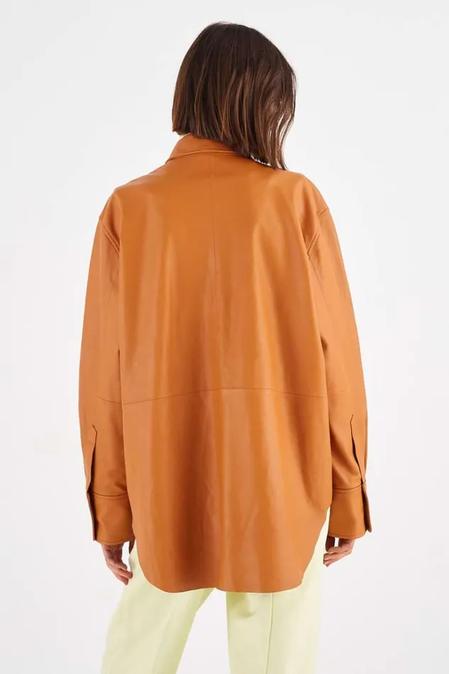 Oroton Tops Women Leather Overshirt Tan