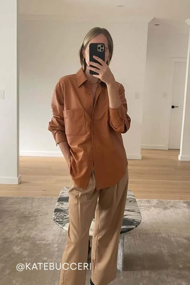 Oroton Tops Women Leather Overshirt Tan