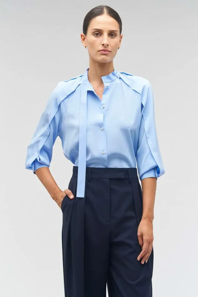 Oroton Tops Women Tie Neck Shirt Delft Blue