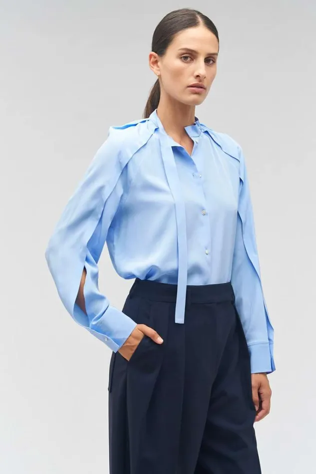 Oroton Tops Women Tie Neck Shirt Delft Blue