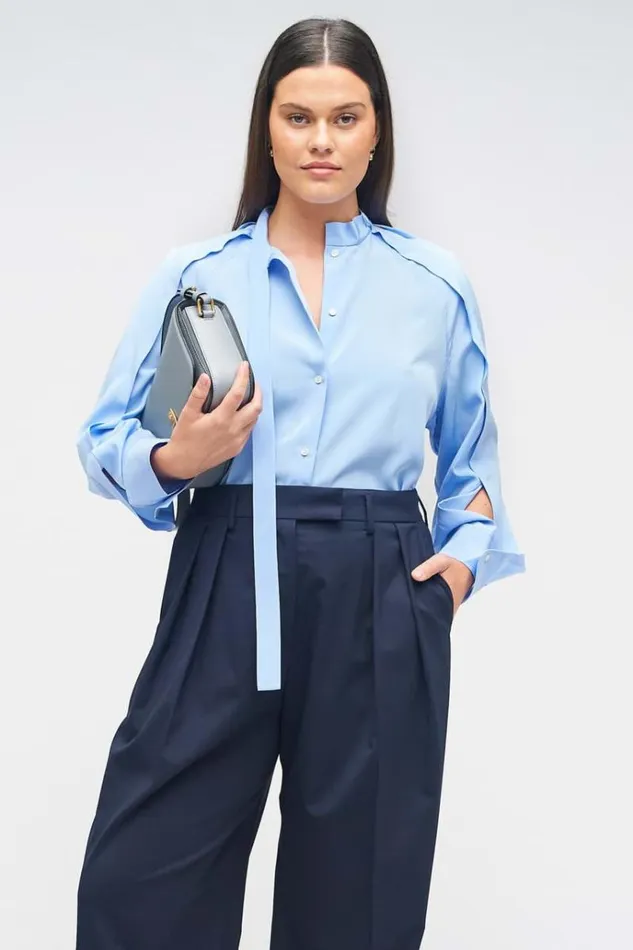 Oroton Tops Women Tie Neck Shirt Delft Blue