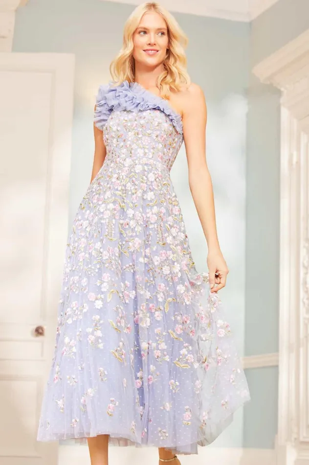 Posy Pirouette OneShoulder Ankle Gown Blue Women Needle and Thread Dresses