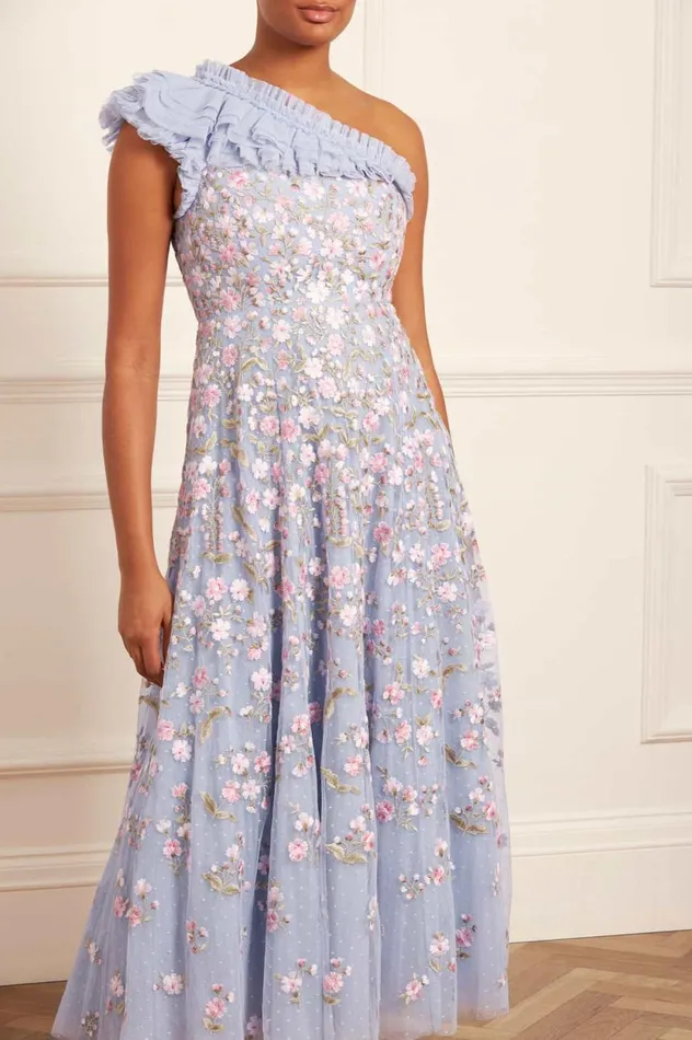 Posy Pirouette OneShoulder Ankle Gown Blue Women Needle and Thread Dresses
