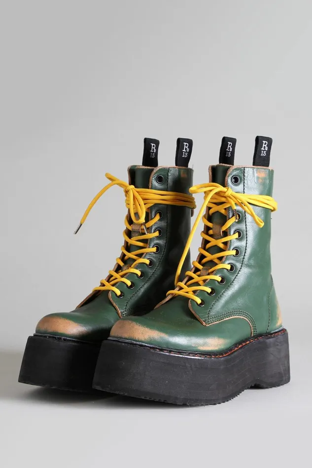 R13 Boots Women DOUBLE STACK BOOT 8211 HUNTER GREEN REMOVE COMBAT BOOTS