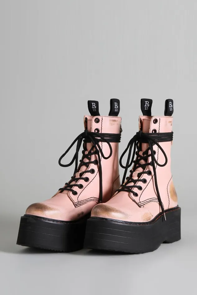 R13 Boots Women DOUBLE STACK BOOT 8211 PINK COMBAT BOOTS