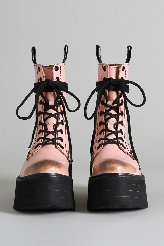 R13 Boots Women DOUBLE STACK BOOT 8211 PINK COMBAT BOOTS