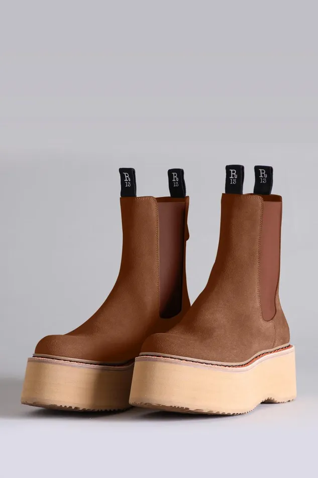 R13 Boots Women DOUBLE STACK CHELSEA BOOT 8211 BROWN SUEDE FOOTWEAR