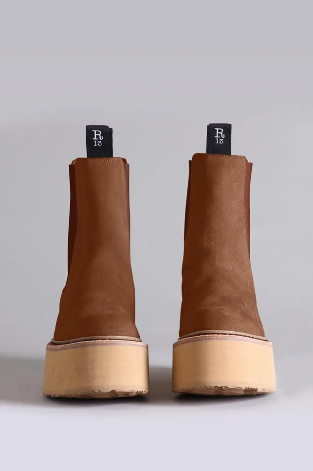 R13 Boots Women DOUBLE STACK CHELSEA BOOT 8211 BROWN SUEDE FOOTWEAR