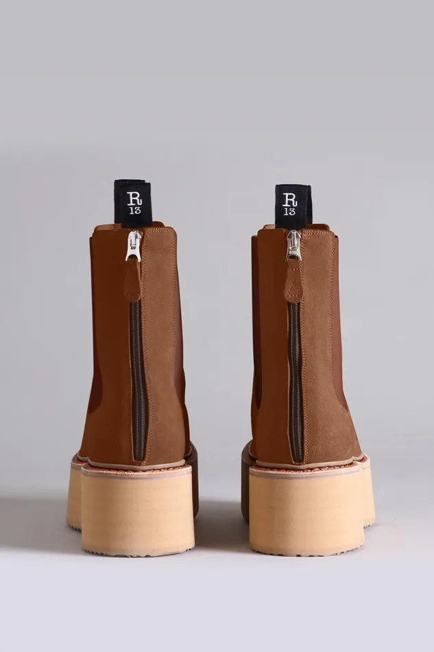 R13 Boots Women DOUBLE STACK CHELSEA BOOT 8211 BROWN SUEDE FOOTWEAR