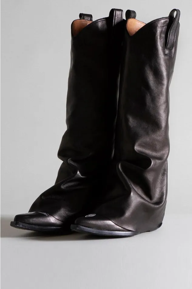 R13 Boots Women MID COWBOY BOOTS WITH SLEEVE 8211 BLACK LEATHER