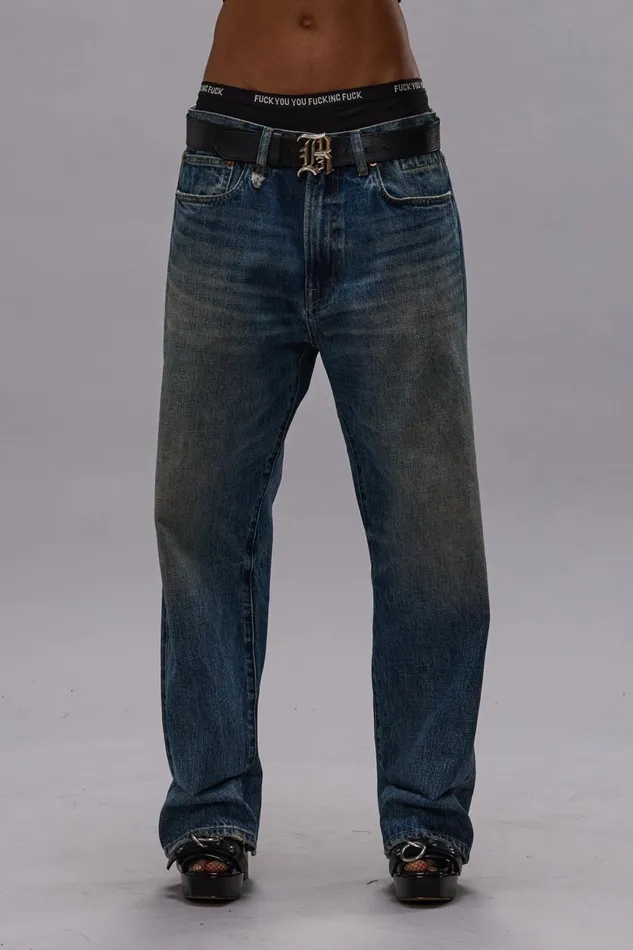 R13 Boyfriend Women CUFFED XBOYFRIEND JEAN 8211 ASPEN SELVEDGE BLUE